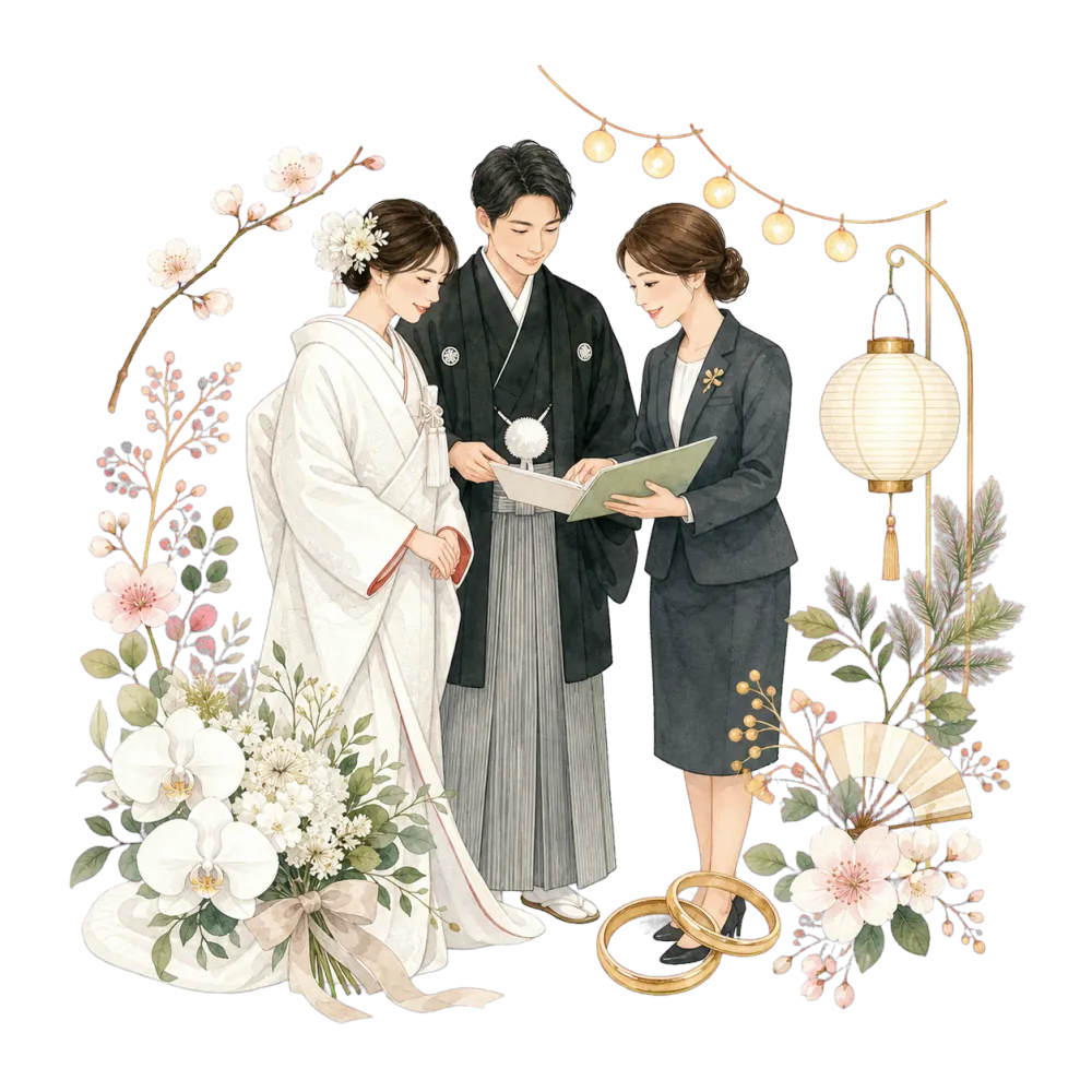 新郎新婦とプランナーが企画を相談するイラスト