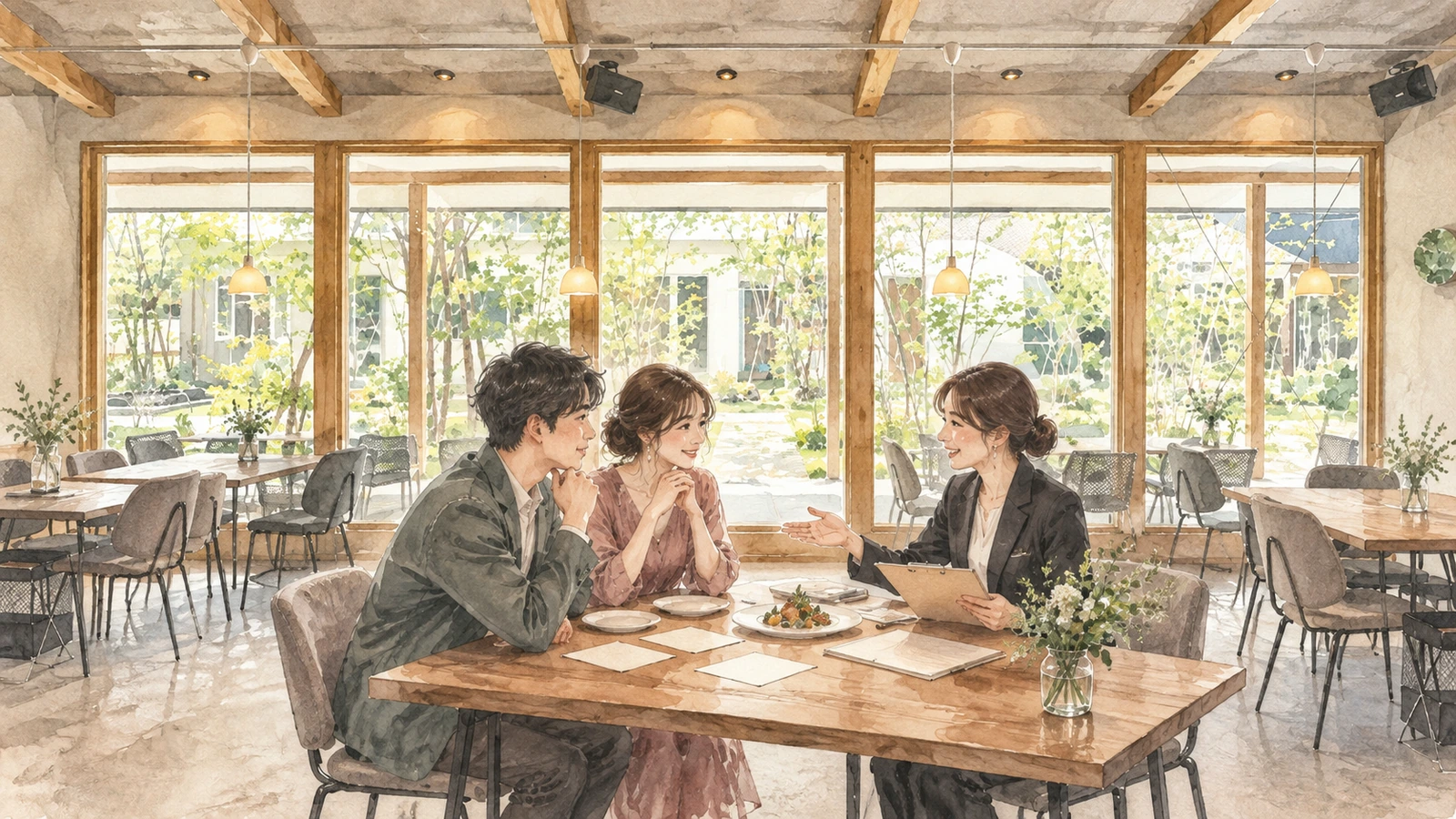 HFGの窓辺の会場で料理対応を相談する新郎新婦とプランナーの透明水彩イラスト