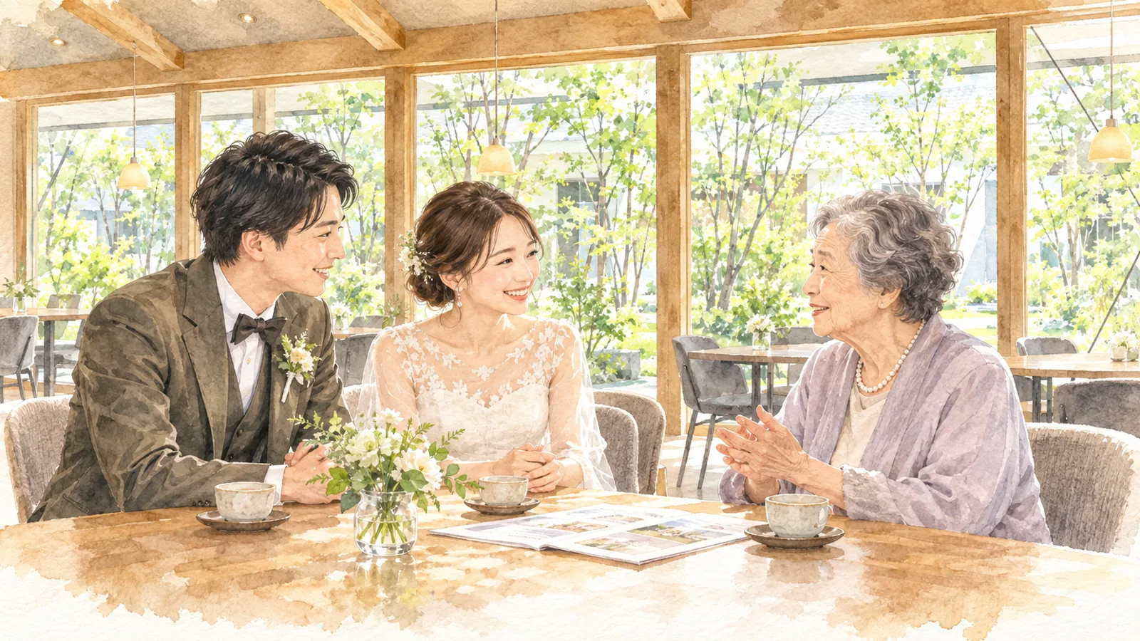 結婚式への参加方法を穏やかに話し合う祖母と新郎新婦の水彩イラスト