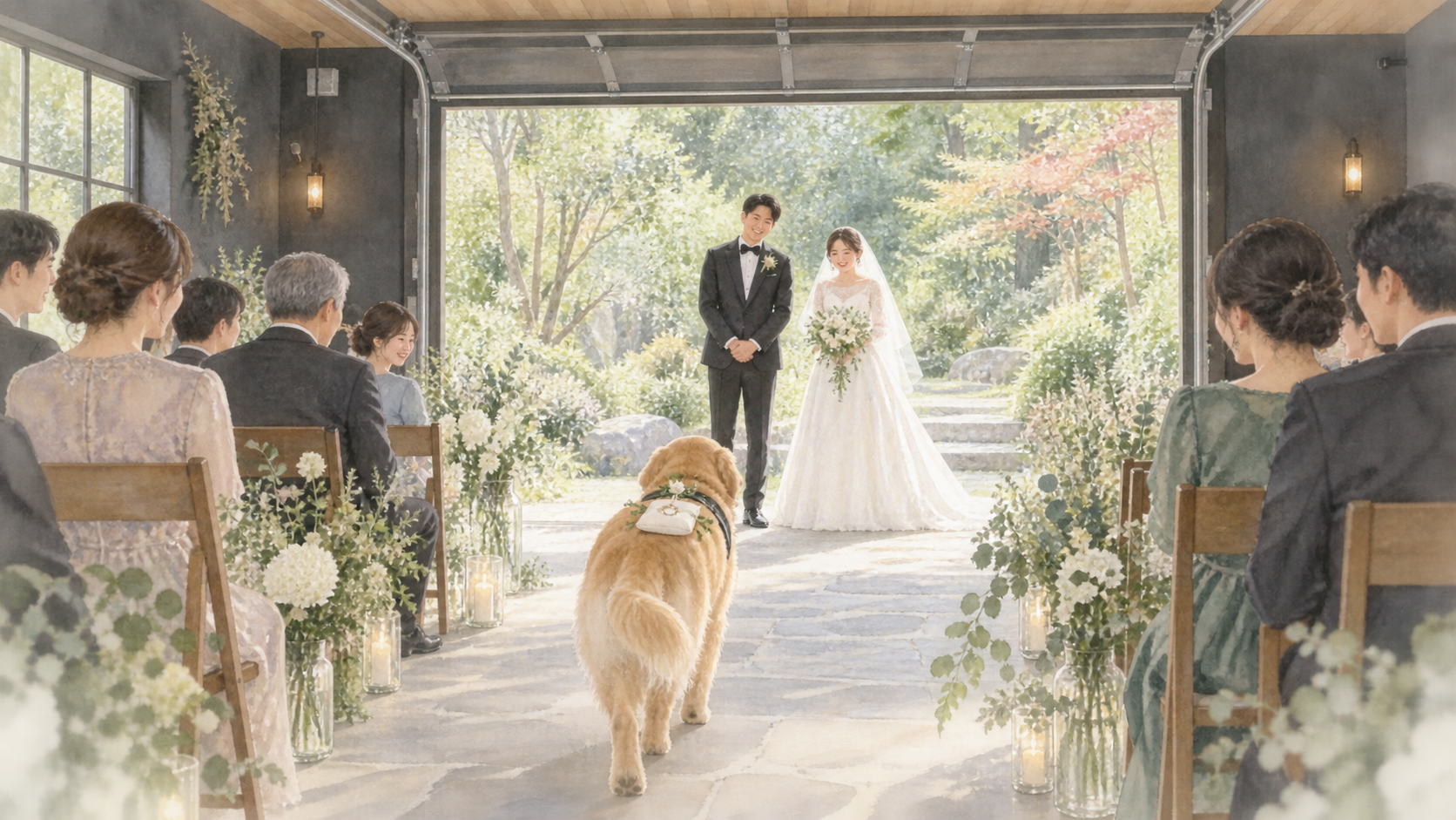 HFGのガレージでのセレモニーでリングピローを付けた愛犬が新郎新婦のもとへ歩くリングドッグの透明水彩イラスト
