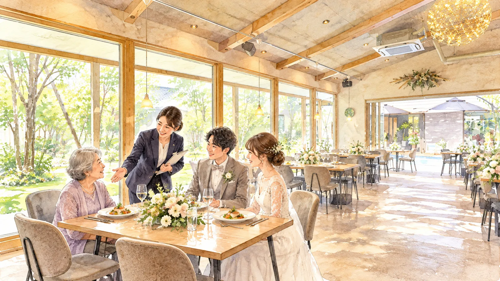 会場の動線とお席と料理を新郎新婦とプランナーが確認する水彩イラスト