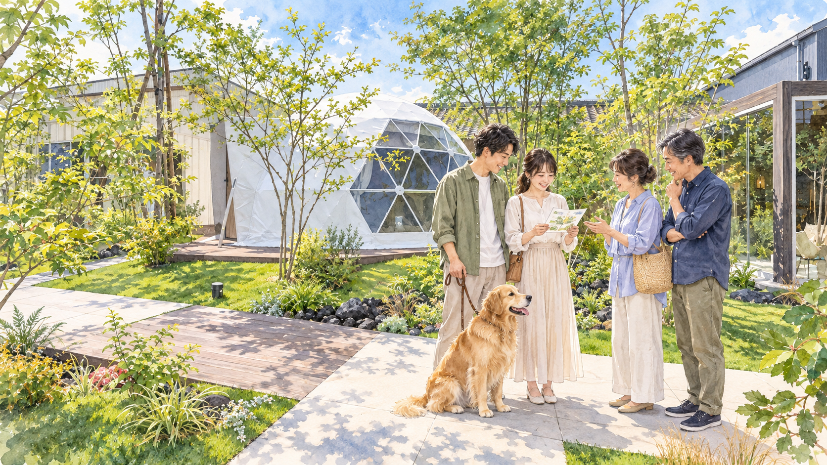 HFGの屋外ガーデンで愛犬と一緒にゲスト案内を確認する普段着のふたりと家族の透明水彩イラスト