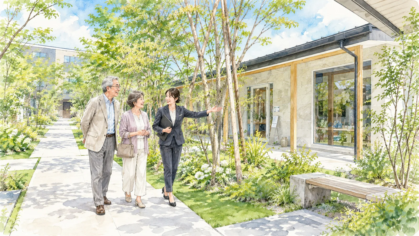 式場見学で動線や設備を確認する新郎新婦とプランナーの水彩イラスト