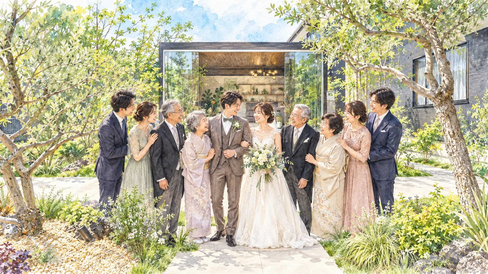 祖父母を囲み庭園で結婚式を楽しむ新郎新婦と家族の水彩イラスト