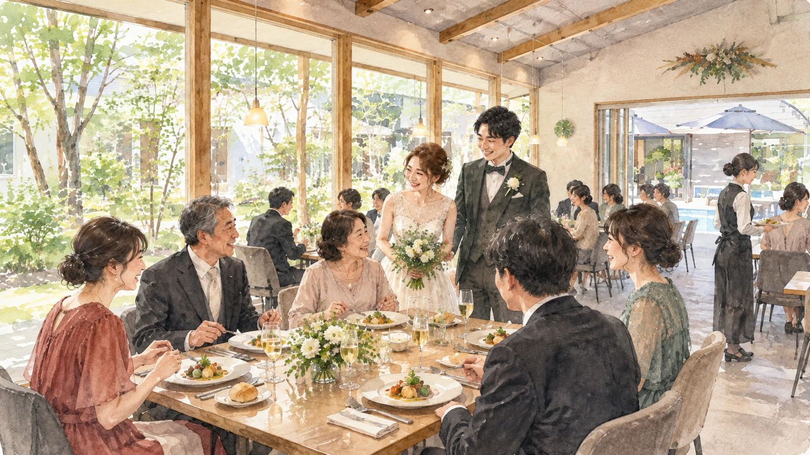 HFGの窓辺の会場で新郎新婦とゲストが料理と会話を楽しむ透明水彩イラスト